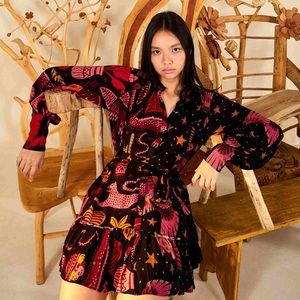 FARM RIO MIXED BLACK PRINTS MINI DRESS